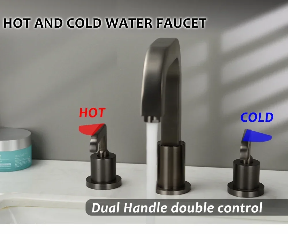 Bagnolux Gun Grey Deck Mounted Widespread Bathroom Above Counter Basin Faucet Dual Holder Three-hole Mixer And Cold Water Taps view 5