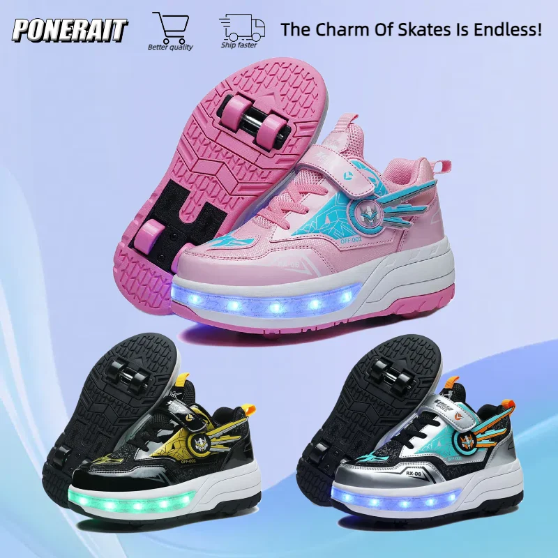 Fashionable Outdoor Boys Detachable Skates 4-Wheel Adjustable Roller Skates Light Up Boys Girls Casual Wheeled Sneakers