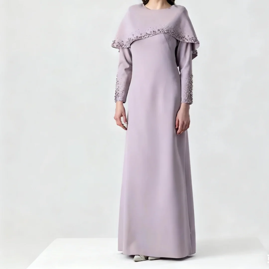 Vestidos de invitados de boda de lujo para mujer, vestidos largos de noche de corte A, capa con cuentas, mangas completas, vestido modesto para madre de la novia