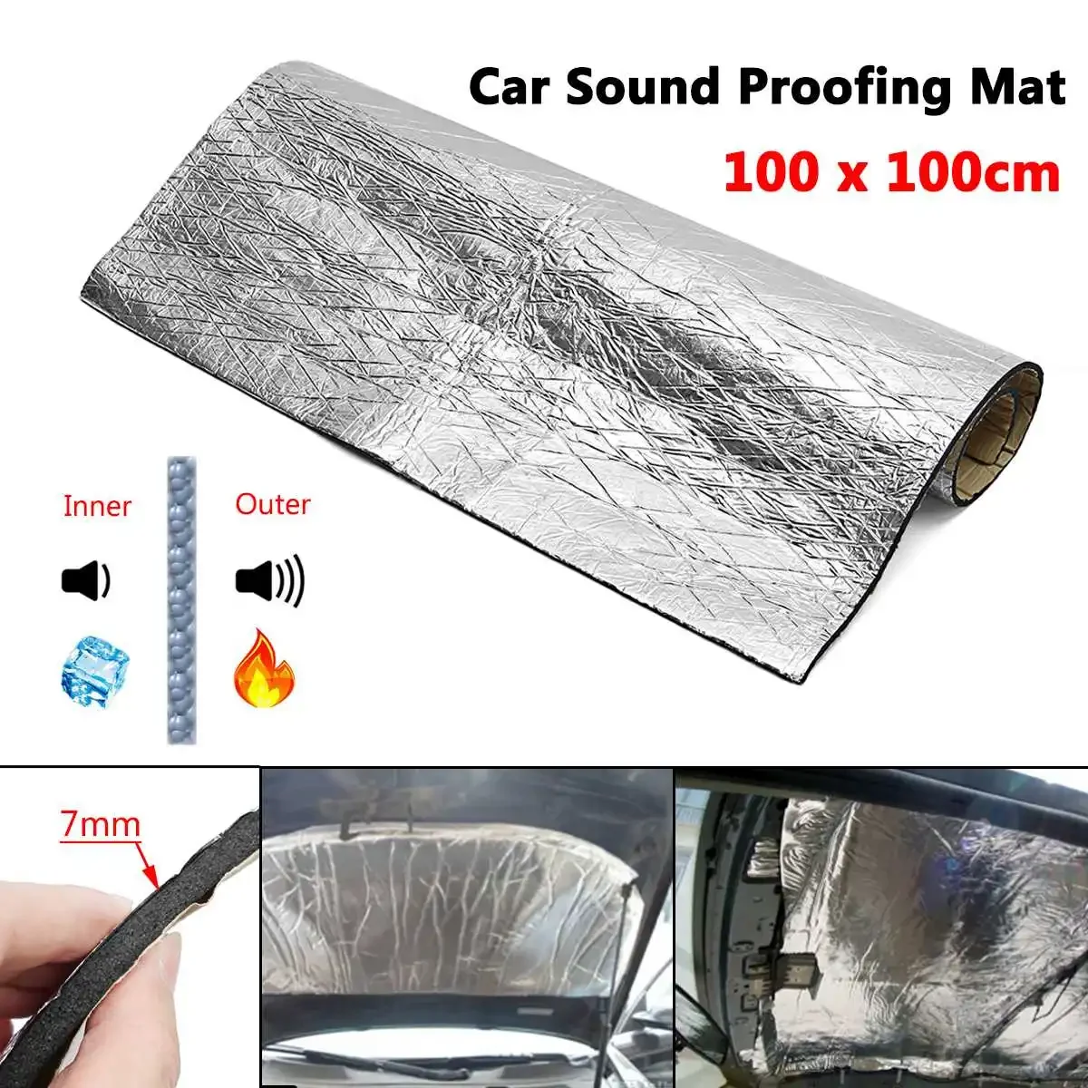 

100/140x100cm 7mm Sound Deadener Mat Noise Bonnet Insulation Deadening Hood Engine Firewall Heat Aluminum Foam Pipe Cover