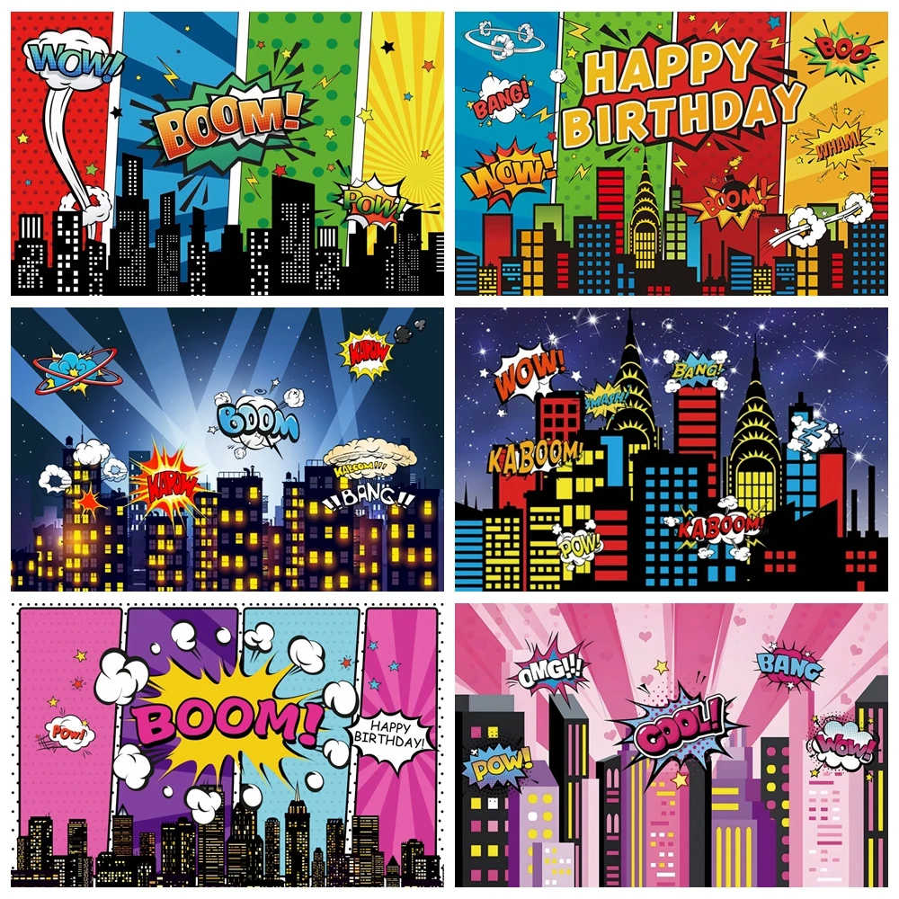 Superhero Birthday Baby Shower Backdrop Photography Super City Boom Building Skyscraper Kids Newborn Portrait Photo Background