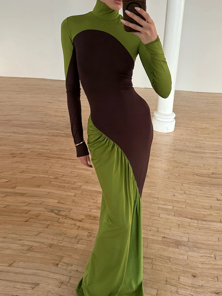 Abito da sera sottile a maniche lunghe con colletto alto sexy Lady Nuovo abito da festa aderente a vita alta con fianchi avvolgenti Abito da festa aderente a blocchi di colore