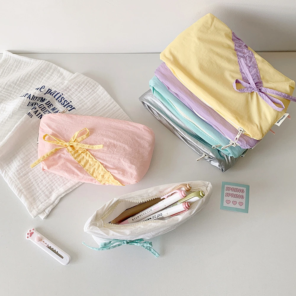 

Straps Bowknot Y2K Bow Stationery Bag Desktop Storage Cosmetics Card Pen Korean Pencil Case Aesthetic Large Capacity