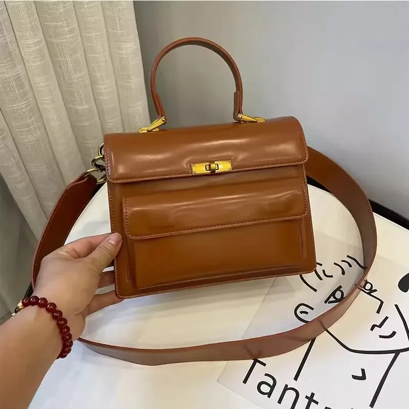 Fashion New Women\'s Bag Patent Leather Shiny Surface Handbag Casual Solid Color Shoulder Bag Wide Shoulder Strap Crossbody Bags