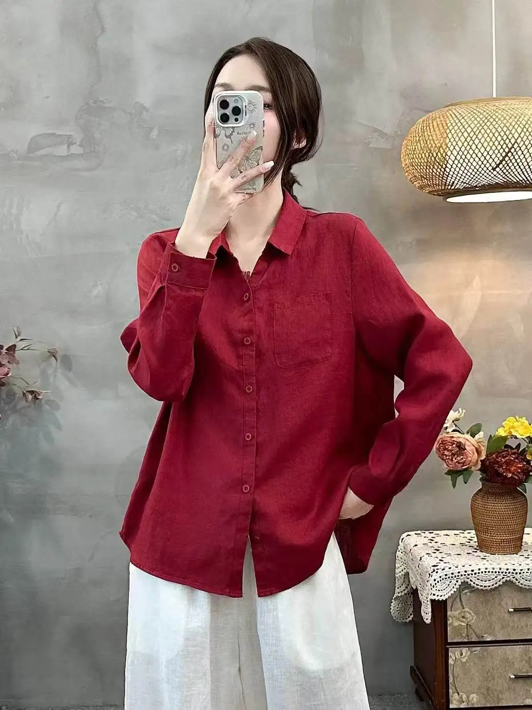 

Women's Pure Linen Long Sve irt Waed Loose Fit Turn-down Collar Commute Casual Sle Autumn Spring Faion Top