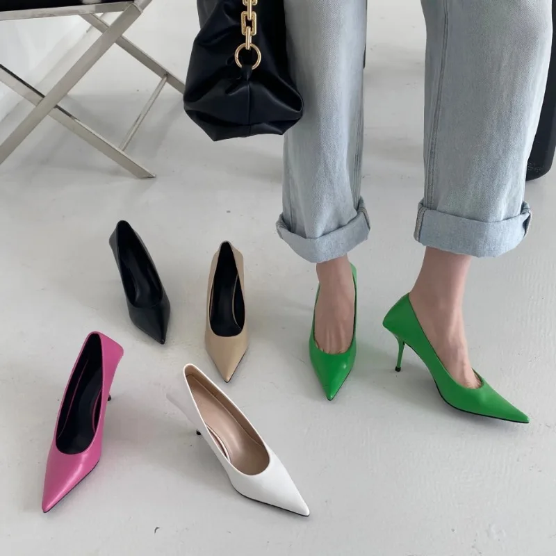 

2022 Women 8cm High Heels Pumps Office Ladies Designer White Green Black Heels Prom Stiletto Dress Party Shoes