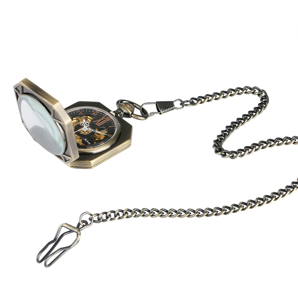 Bronze Mechanical Hand Winding Pocket Watch Square Pendant Fob Chain Pocket Clock Roman Numerals Dial Retro Timepiece Gift
