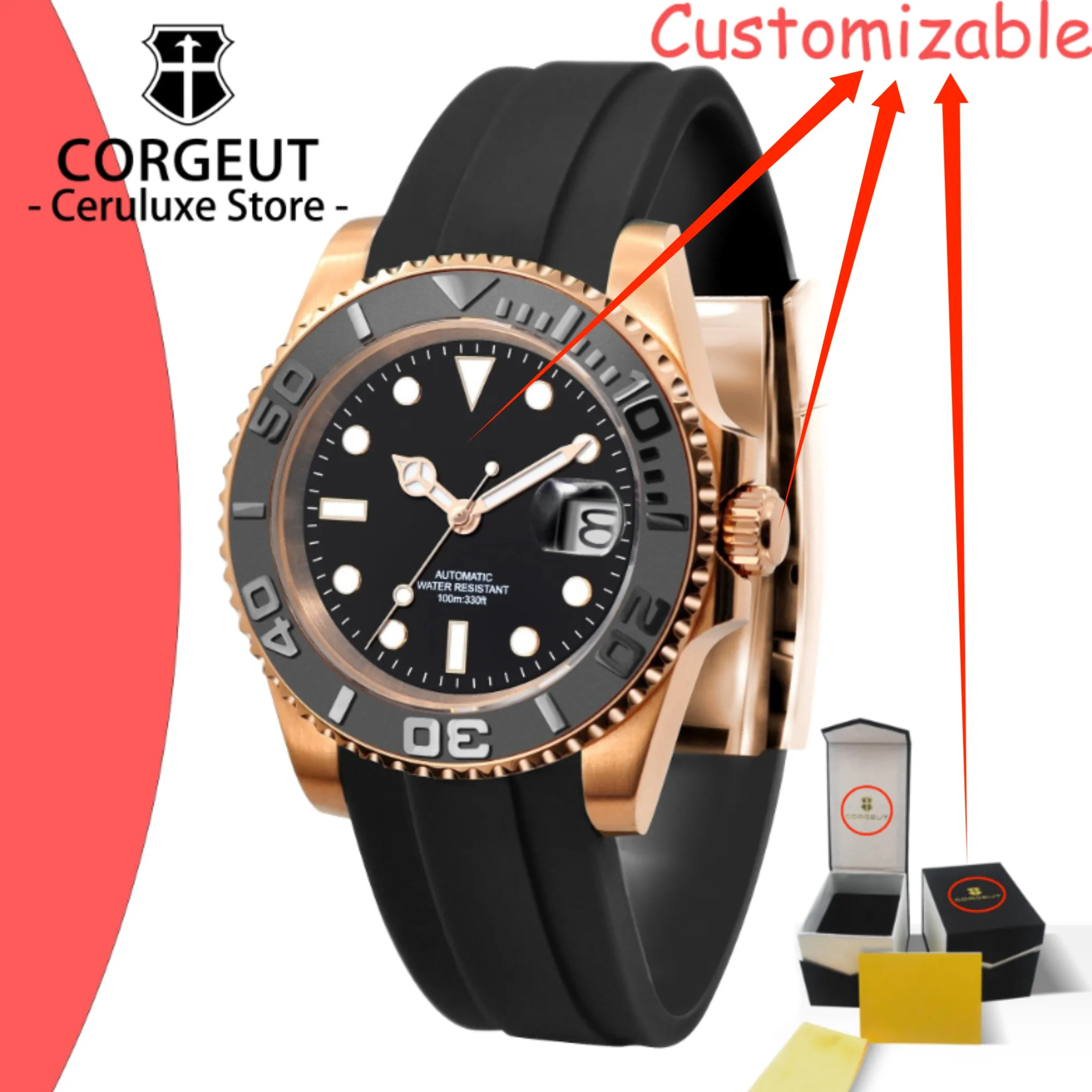 CUSTOM Logo 40mm NH35 Movement Luxury Automatic Mechanical Sport Rubber Strap Watches for Man Waterproof Sapphire Glass Watches