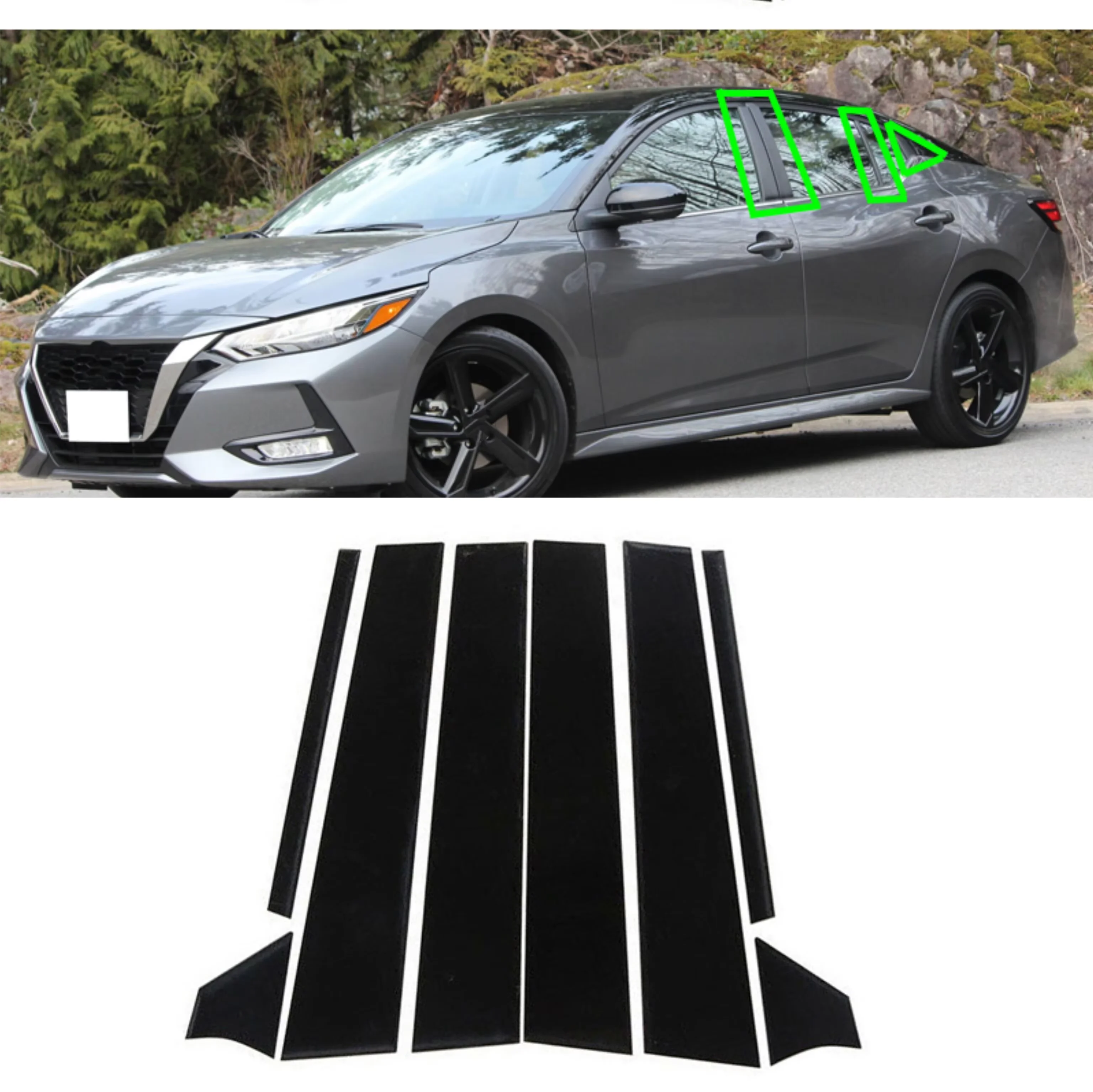 8pcs Glossy Black Pillar Post Fit For   Nissan Sentra 2020 2021 2022  Carbon Door Window Column BC Trim Sticker Cover