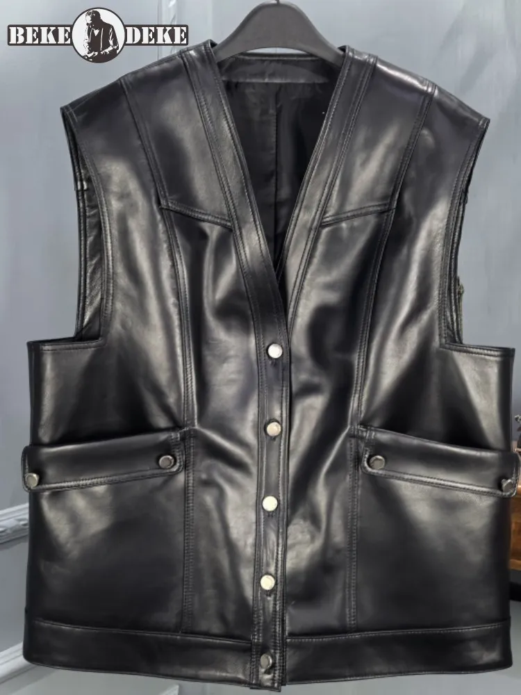 

Office Female Top Quality Single Breasted Genuine Leather Vest V-Neck Pocket Solid Color Sheepskin Loose Sleeveless Waistcoat