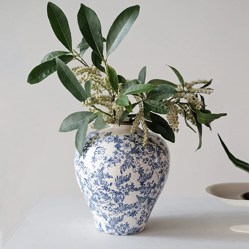 Retro Ceramic Vase, Blue and White Porcelain, Hydroponic Flower Arrangement, Living Room Desktop Decoration, High-end Feeling