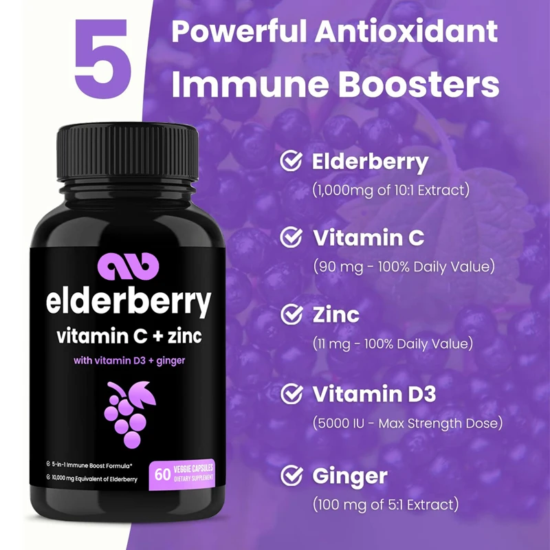 

Elderberry Capsules 10000mg | 5-in-1 Antioxidant Immune Support Supplement | 60 Elderberry Extract Capsules