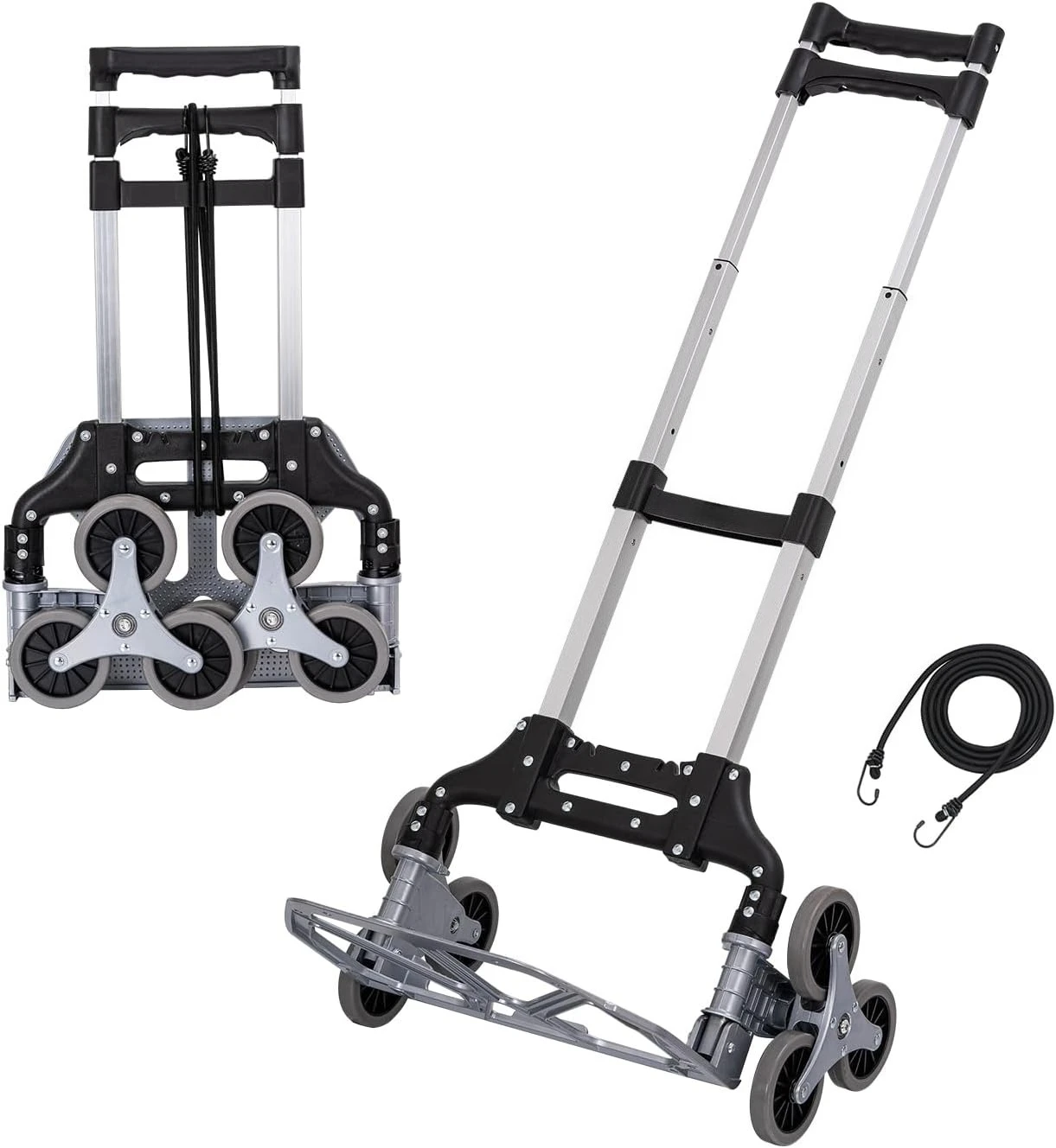 Folding Trolley,Aluminium Stairs Climbing Foldable Hand Truck Cart,75kg Loading Capacity Adjustable Height with 6 Wheels & Cord