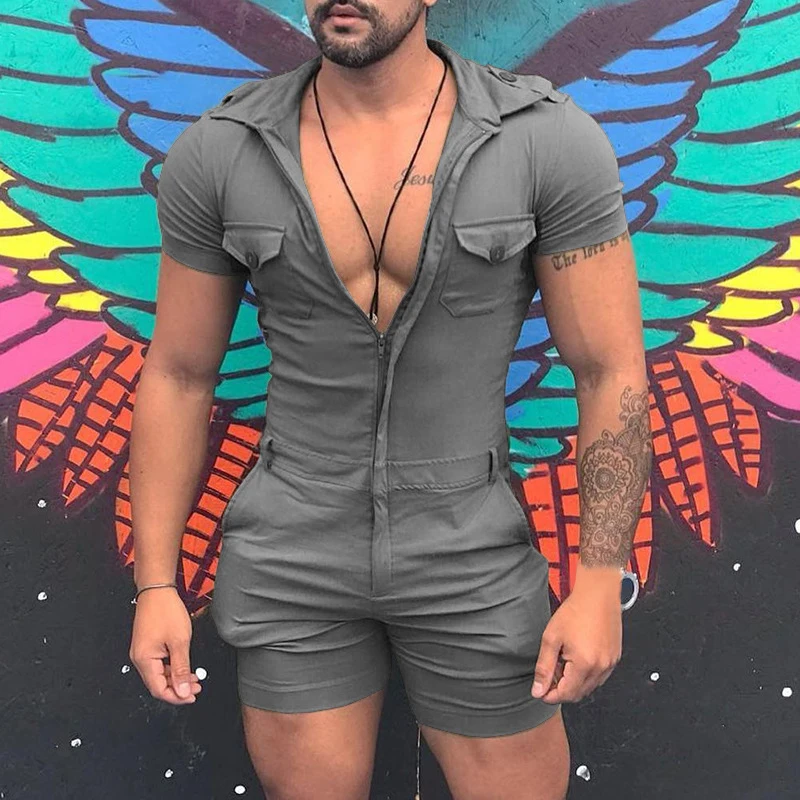 Vintage Zip-up Slim Mens Jumpsuits Summer Sexy Skinny Tight Playsuits Men Streetwear Trendy Solid Color Shorts Romper Overalls