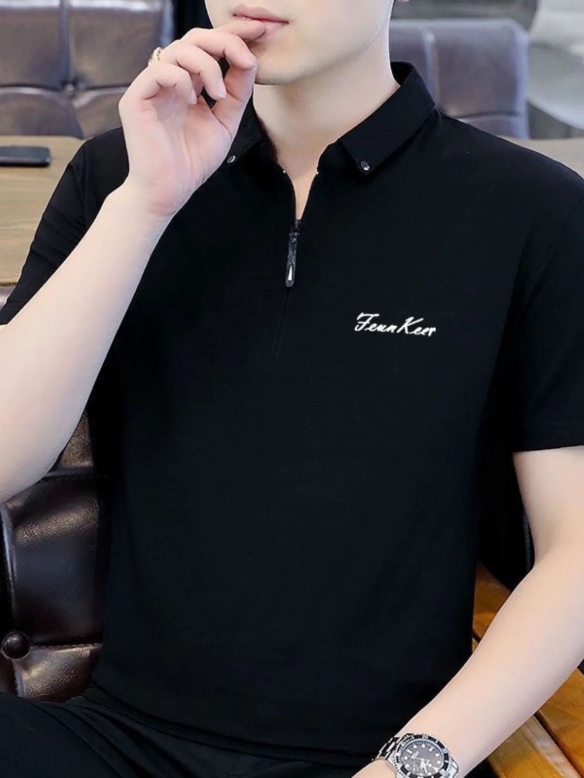 Men's Ice Silk Short Sleeve  Shirt Zipper Half Sleeve Summer New Fashion Brand T-Shirt Slim Fit Modal Upper Body Clothing