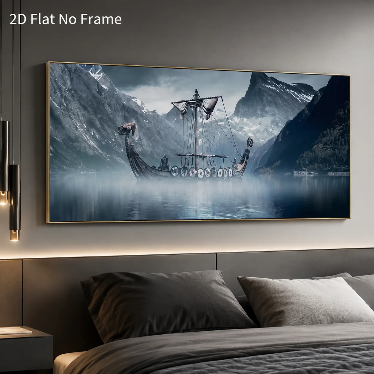 Viking Ship Sailing Through Misty Fjord Canvas Prints Large Size Horizontal Norse Longship Canvas Poster For Bedroom Wall Art