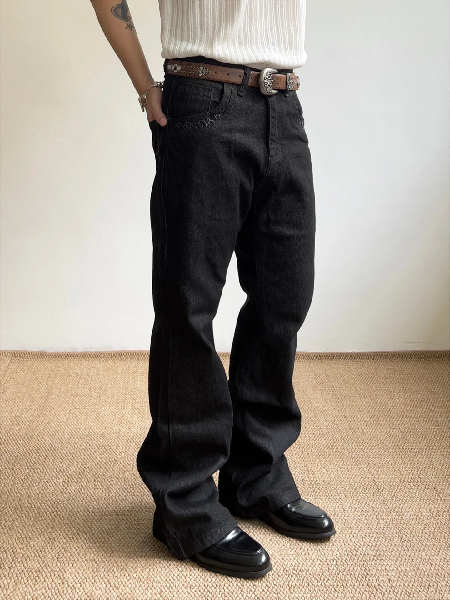 Retro American Embroidered Straight Leg Jeans Men's Loose Fashionable Slimming Micro Flared Pants mid Waist Jeans for Teens