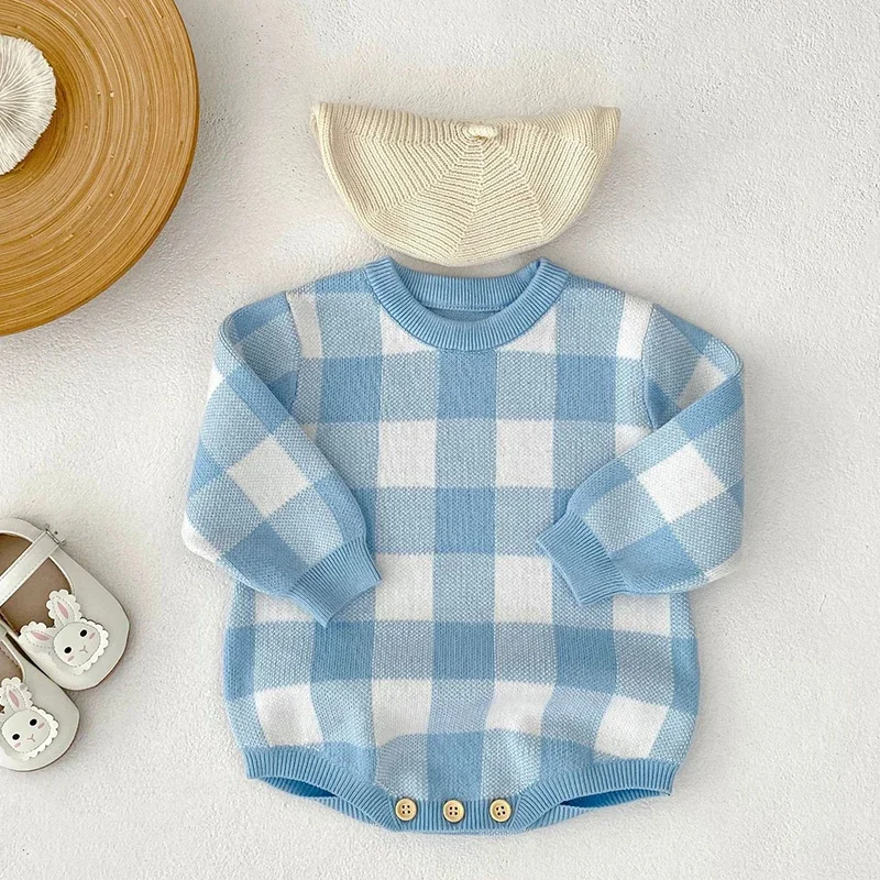 

2025 New Autumn 0-24M Newborn Baby Girls Knitted Bodysuits Long Sleeves Grid Infant Baby Girls Jumpsuit Baby Knitted Clothing