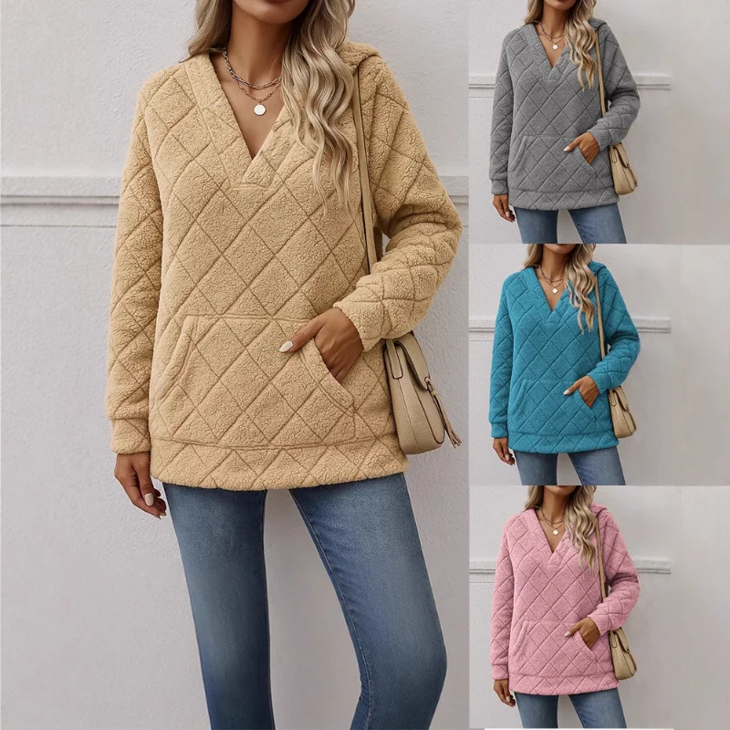 

New Women's Casual V-neck Long-sleeved Pullover Multi-color Women's Hooded Plush Sweatshirt