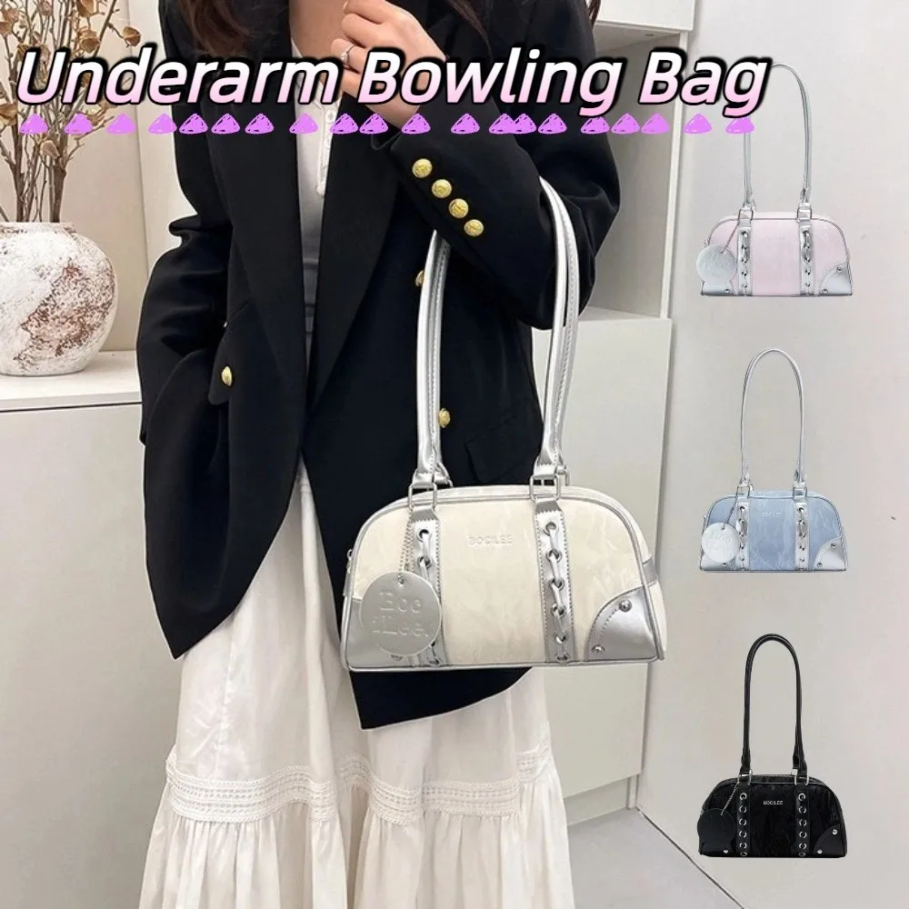 

Casual Underarm Bowling Bag Large Capacity PU Leather Boston Pillow Bag College Style Korean Style Woman Shoulder Bag Travel