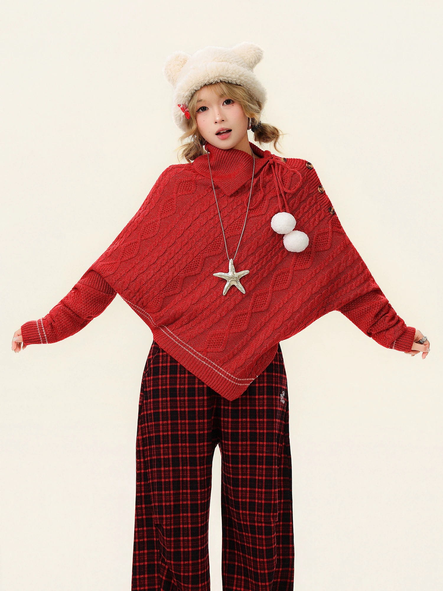 

Red Asymmetrical Batwing Sve Sweater Women's Loose Knitted Winter Casual Sle Polyester Fiber Long Sve Thermal Top