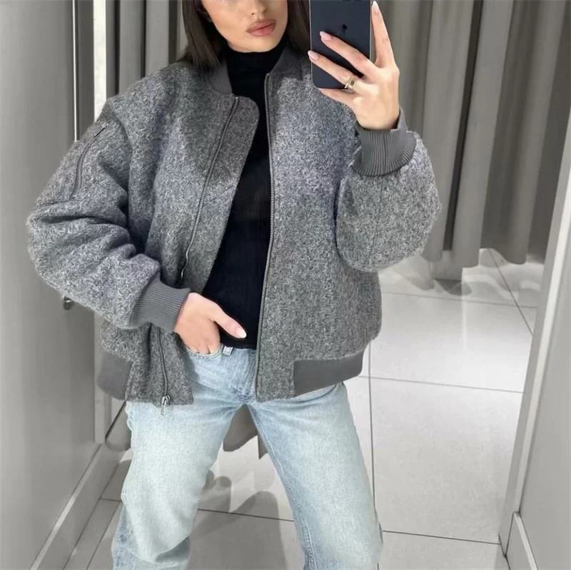 Woman Casual Gray Loose Wool Bomber Jacket 2023 Autumn Winter Girls Warm Zipper Jackets Female Casual Solid Oversized Outwear