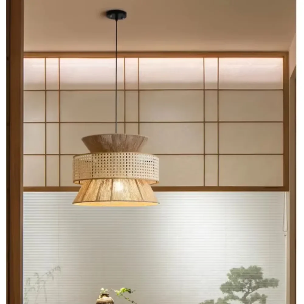 

Vintage Rattan Pendant Light Japanese Handmade Hemp Rope Light Restaurant Bar Cafe Dining Room Hanging Lamp