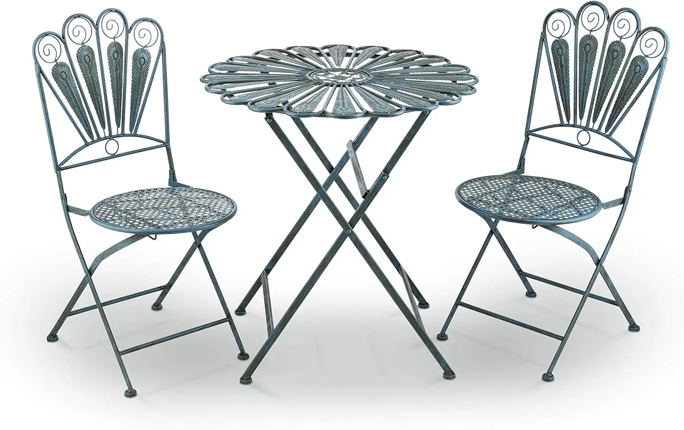 Alpine Corporation Indoor/Outdoor 3-Piece Peacock Feather Rustic Metal Bistro Set Patio Seating, Light Blue