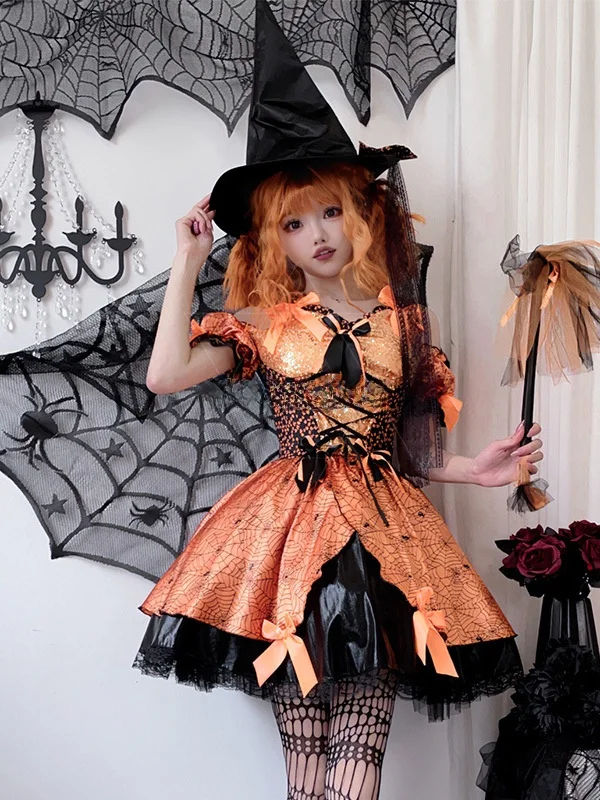 

Adult Halloween Witch Costume Dress Masquerade Ball Cosplay Performance Pumpkin Witch Outfit Women's Traditional Chinese Stag...