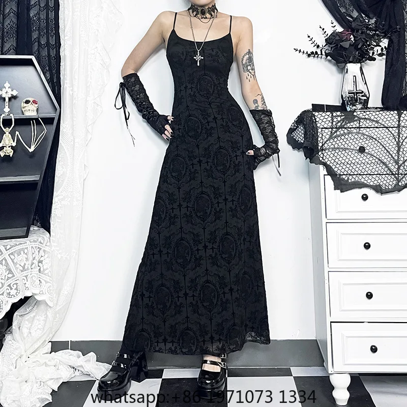 Goth Dark Cross Flocking Mall Gothic Aesthetic Dresses Grunge Punk Mesh Elegant Party Long Dress Sling Slim Sexy Emo Alt Outfits