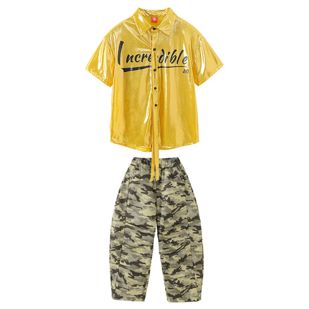 

Блестящая желтая рубашка в стиле хип-хоп для мальчиков, камуфляжные штаны-карго для уличных танцев, уличная одежда для девочек, комплекты детской джазовой одежды, детский костюм