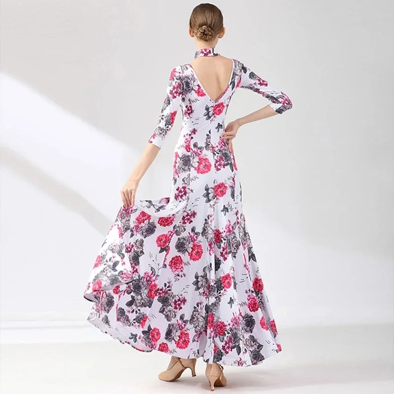 Modern Dance Dresses summer flower print Short Sleeve ballroom dress Cheap Adult Women ballroom pratice dress