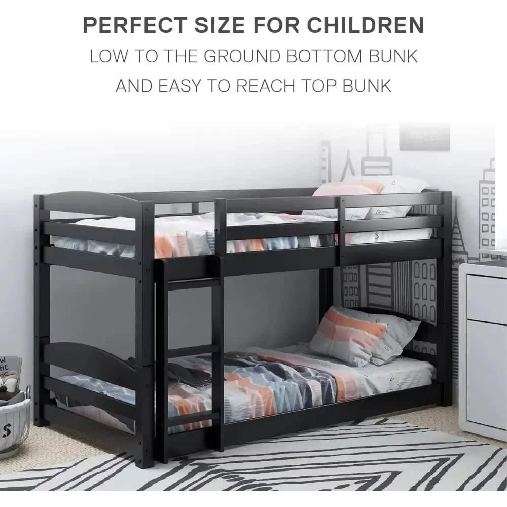 Convertible Low Wood Floor Bunk Bed, Stackable and Detachable Bed Frames for Kids, Solid Wood, with Ladder, High Guardrail