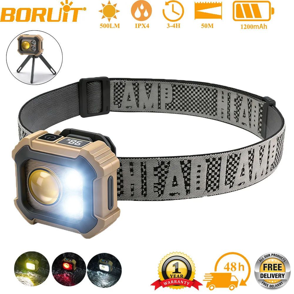 BORUiT Powerful LED Headlamp Type-C Rechargeable 5 Modes Portable Headlight bracket work light for Camping Outdoor Flashlight