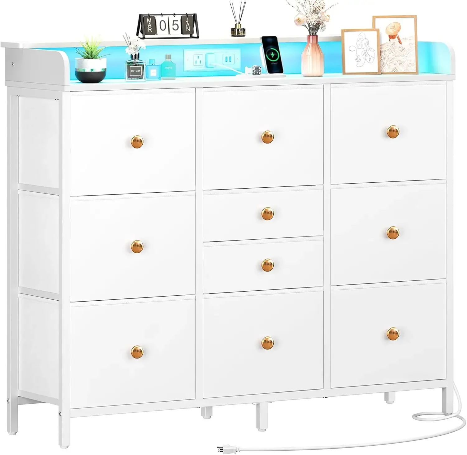 Dresser for Bedroom with Charging Station and LED Lights, Tall Dresser TV Stand With 10 Storage Drawers,Fabric White