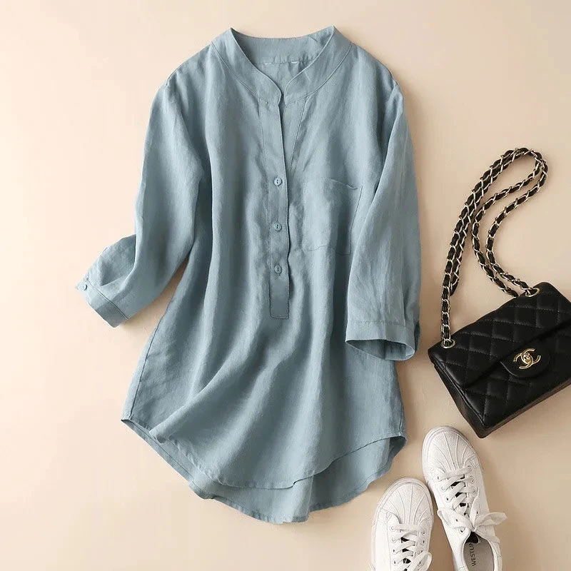 Cotton Linen Summer Female Stand-up Collar Leisure Seven Points Sleeve Blouse Women Pure Cotton Large Size Simplicity Shirt