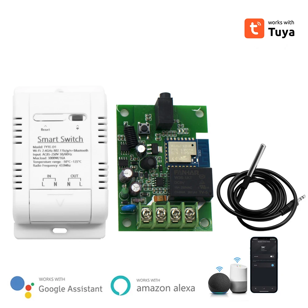 Tuya WiFi Smart Temperature Switch DS18B20 Sensor Single Relay Output Module Wireless Controller Work With Alexa Home