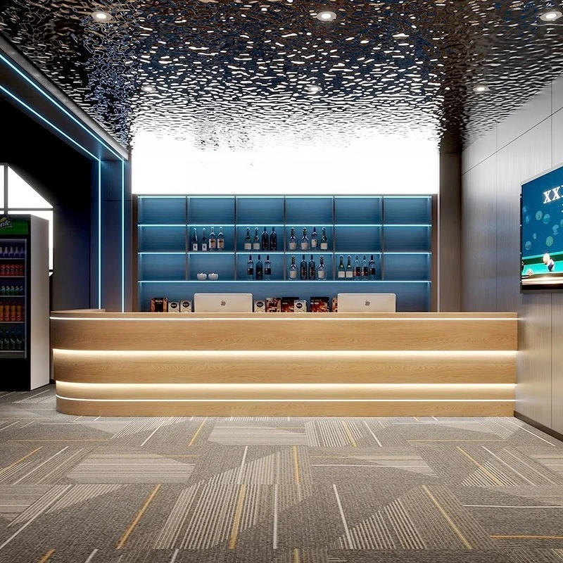 

Стойка регистрации отеля в индустриальном стиле, стойка регистрации отеля, бильярдный зал, КТВ, бар, касса, стойка красоты