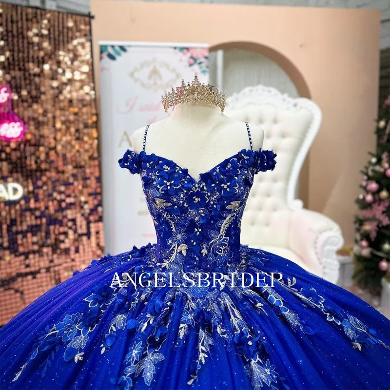 Angelsbridep Blingbling Royal Blue Quinceanera Dresses With Appliques Lace Up Back Girls Ball Gown Vestido De 15 Anos