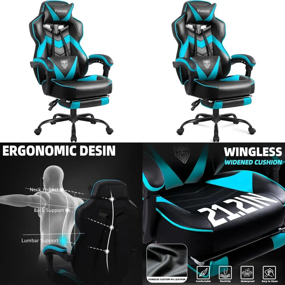 

Эргономичное игровое кресло с высокой спинкой, подставкой для ног, массажем и поясничной поддержкой для взрослых - сине-черное