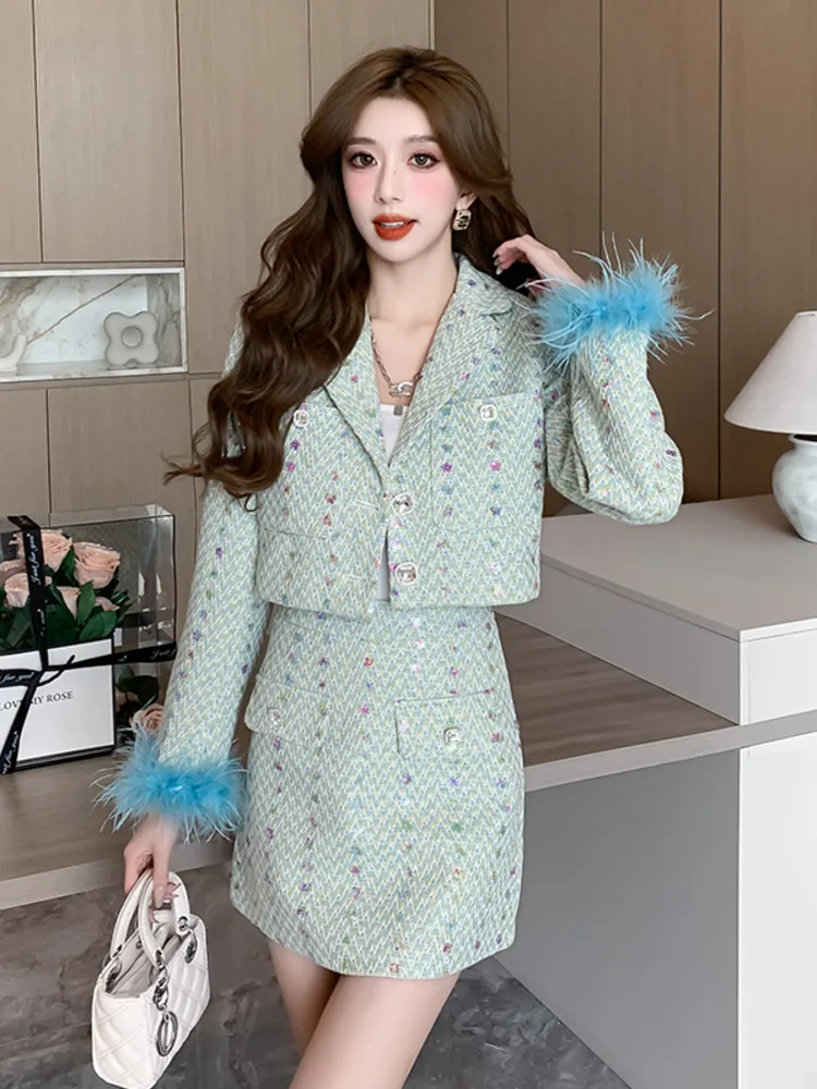 High Street French Light Luxury Small Fragrance Two Piece Set Women Jacket Coat + Skirt Suits Sweet Fashion Tweed 2 Piece Outfit