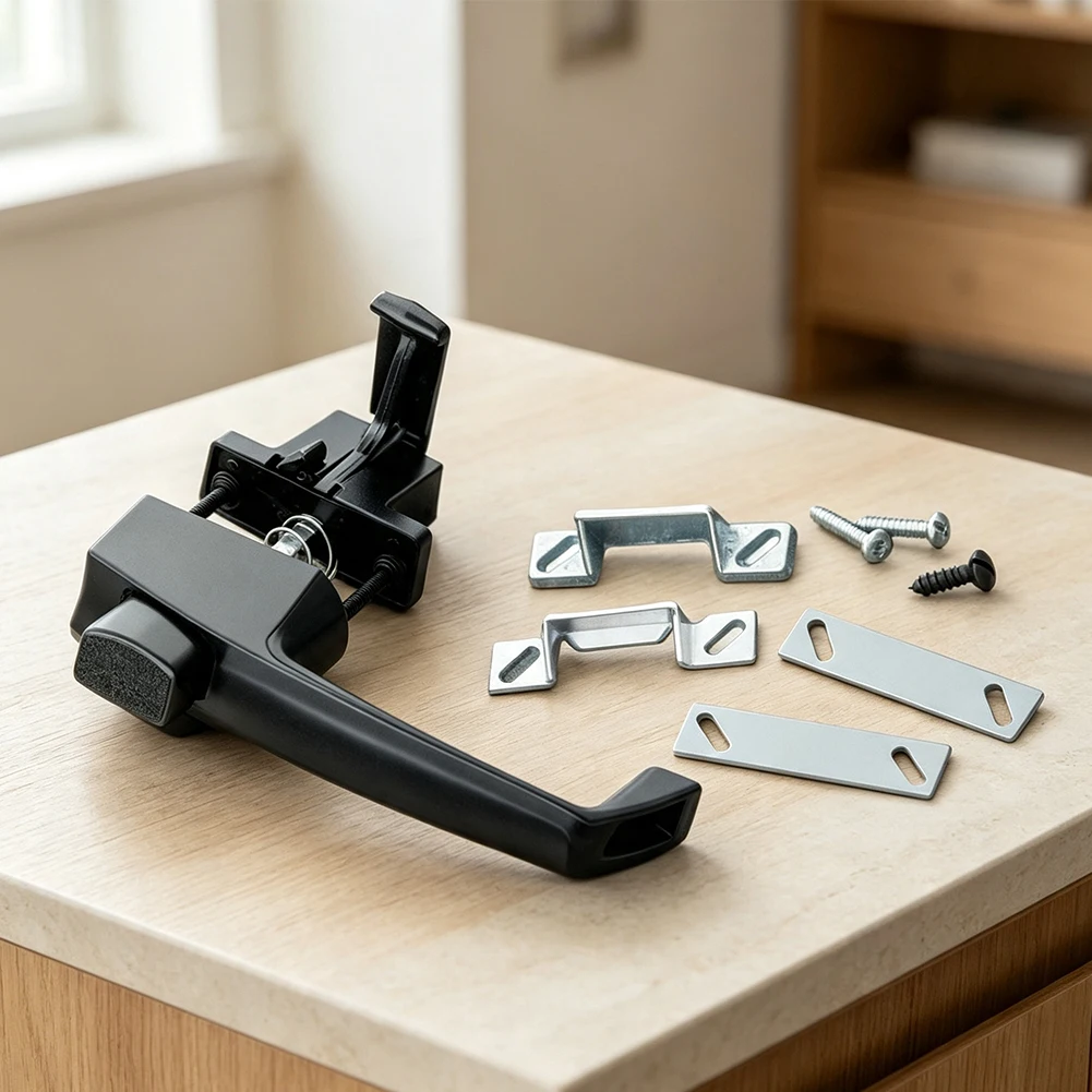Push Button Screen Door Latch Kit Includes 1 Exterior Handle 1 Interior Assembly 1 Spring 2 Shims 2 Spacers 9 Screws