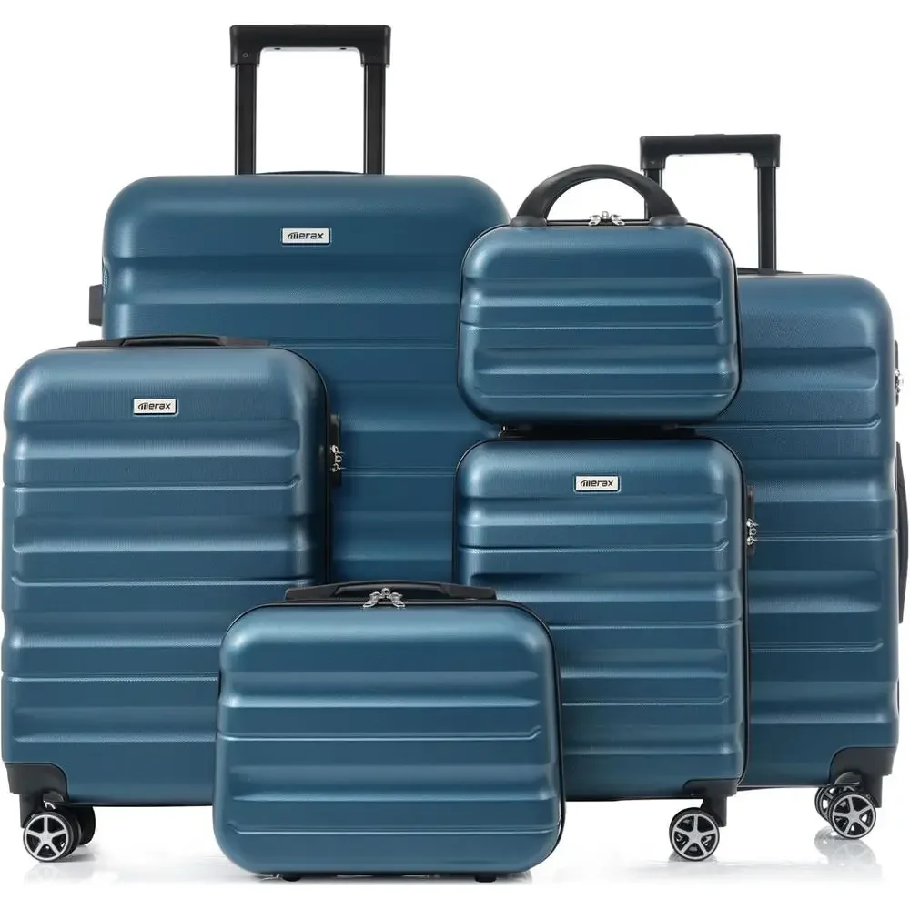 

Набор из 6 предметов: чемоданы из ABS-пластика с жестким корпусом и 8 бесшумными колесами для долговечных и легких путешествий, а также семейных поездок, цвет: темно-синий