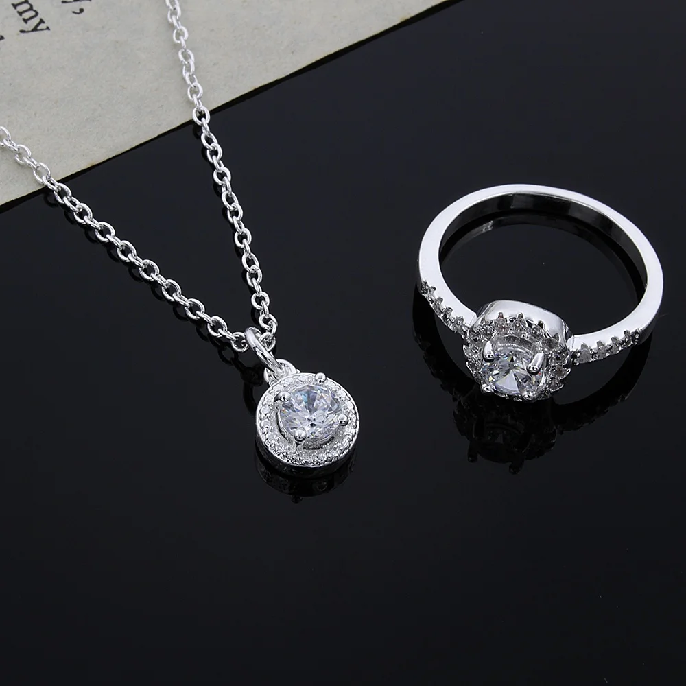 925 Sterling Silver necklace ring solid cute Lover jewelry fashion noble for women classic shiny crystal CZ set
