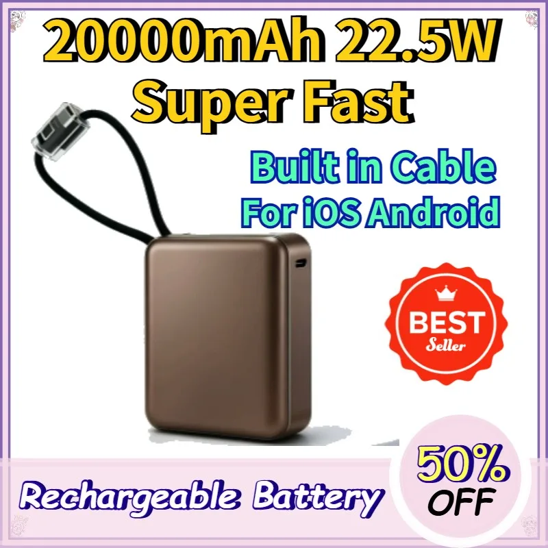 20000mAh Power Bank 22.5W Super Fast Charging 3C Certified Built in Cable High Capacity Compact Portable