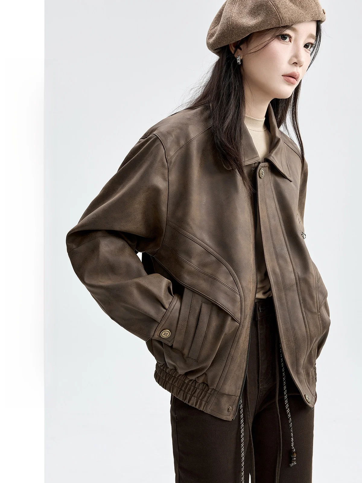 

Brown Leather Jaet Women's Loose Fit Vintage Sle Slimming Outerwear Autumn New Arrival Faion Ladies' Clothing