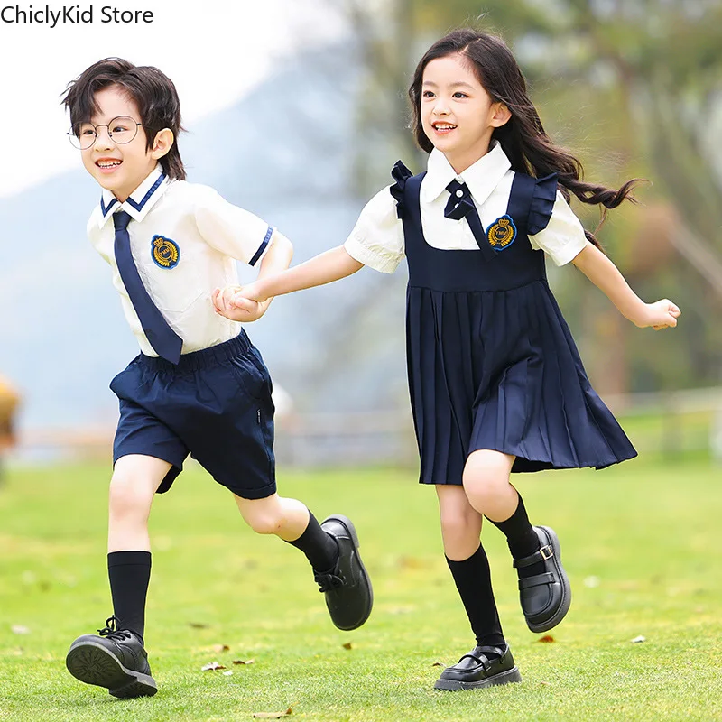 Boys School Uniforms Shirt Shorts Girls British Sailor Collar Dress Kids Kindergarten Clothes Sets Child Students Summer Outfits