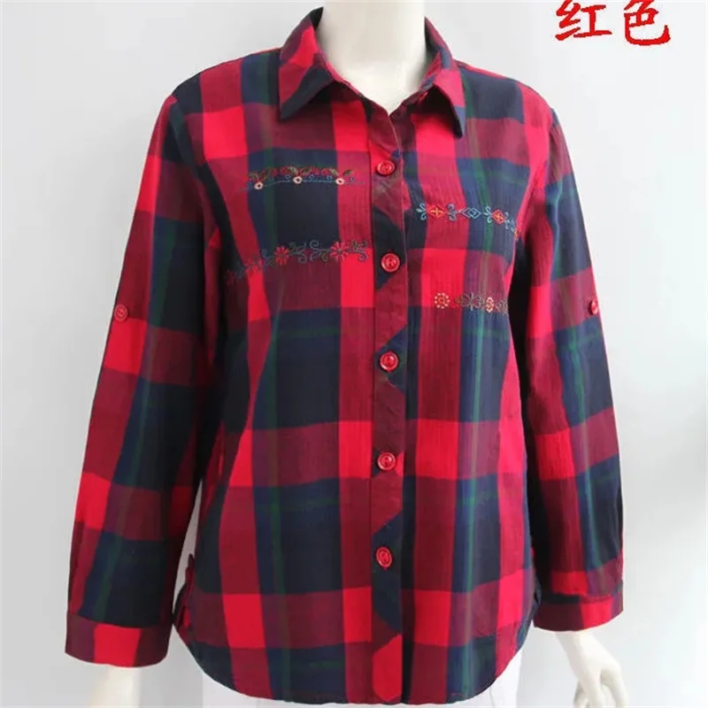

Korean Middle Aged Mother Long Sleeves Grid Jacket Spring Autumn Female Cardigan Blouse 2025 Ladies Large Size 6XL Shirts Coat