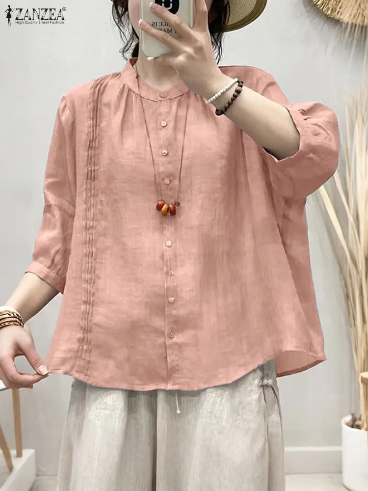 ZANZEA خمر Pintuck قمصان النساء الخريف 3/4 نفخة الأكمام اليوسفي طوق زر حتى عالية منخفضة قميص ملابس امرأة غير رسمية S-3XL #4