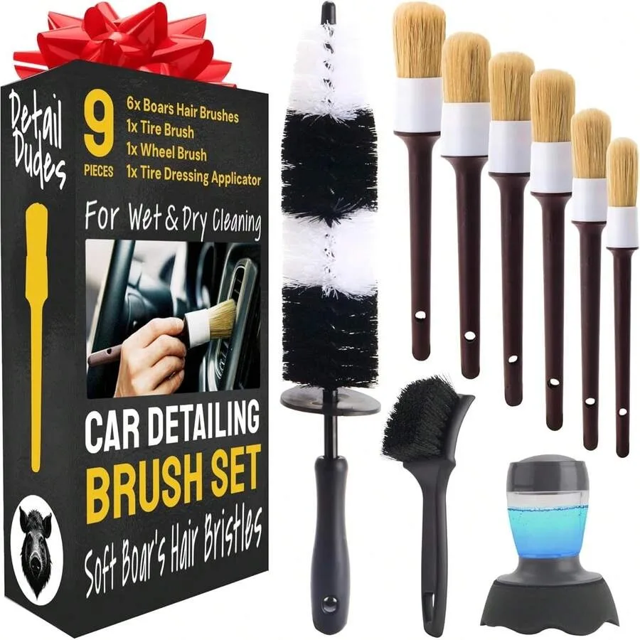 

【New style】Car Detailing Brush Set 3-Pc - Scratch-Free Boars Hair For Interior And Exterior Work - Pro Quality Car Cleaning Bru
